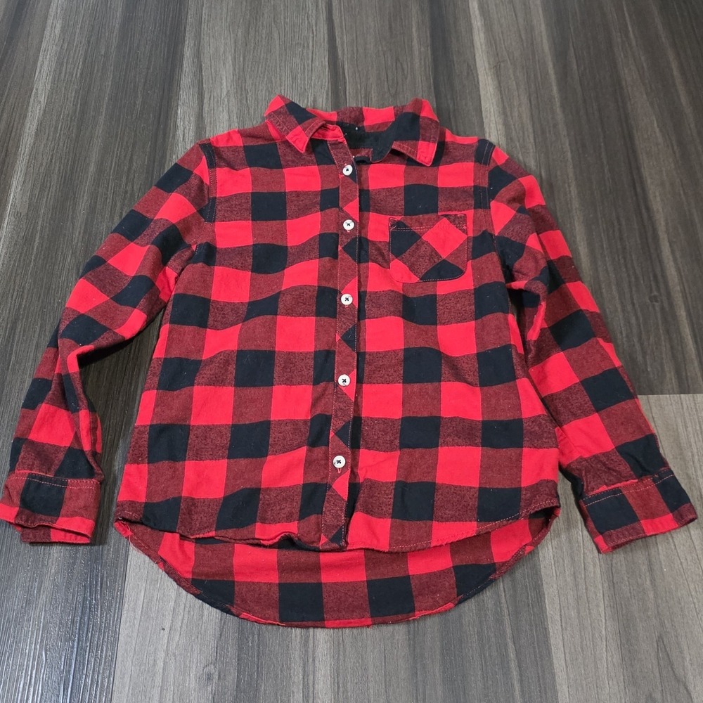 Cat & Jack Red Black Buffalo Plaid Flannel Button Down Shirt Kids Size L...